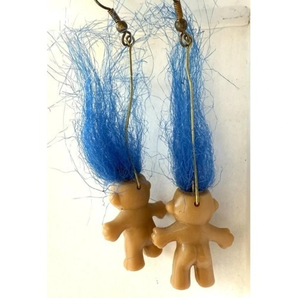 Vintage 90s Troll Earrings / Christmas Ornaments Blue Hair Belly Tattoos 3